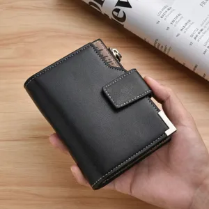 Men's short black leather wallet with snap closure, metal corner trim and card slots.