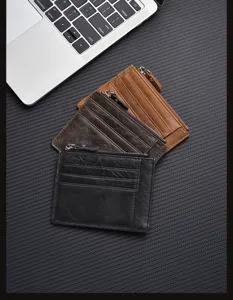 Detailed shot of genuine leather card wallet with multi slots and secure coin pocket.