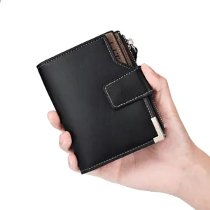 Men short leather wallet multi card slots business coin purse with snap closure and metal corner.