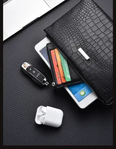 Black crocodile pattern leather card holder wallet with zipper and multiple slots for daily use