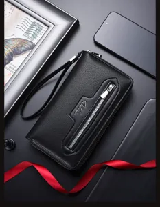 Herren langes Leder Geldbörse Detail, doppelte Reißverschluss Clutch mit Kartenfächern.