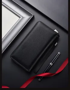 Portafoglio uomo lungo in pelle nera grana litchi borsa a mano business con zip.