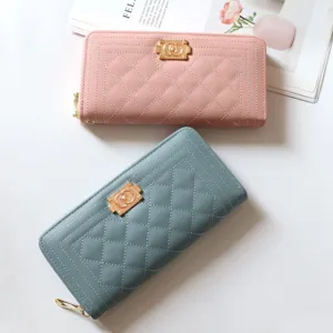 Women long zipper wallet large capacity PU leather quilted clutch purse with elegant metal clasp.