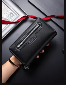 Herren schwarze lange Geldbörse doppelter Reißverschluss Clutch Business Handy Tasche.