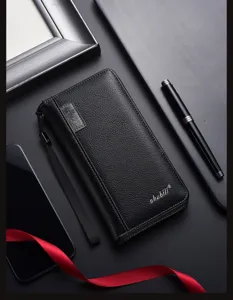 Portafoglio lungo da uomo in pelle nera pochette d'affari con cerniera e scomparti carte.