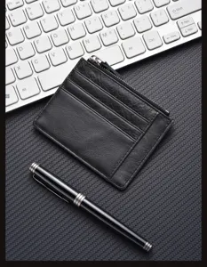 Black genuine leather card holder with zipper pocket minimalist slim wallet for men and women