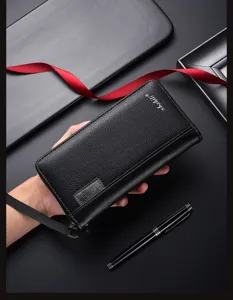 Portafoglio lungo nero grana litchi uomo business pochette con cerniera e cinturino da polso