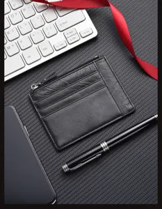Genuine leather card holder minimalist short wallet with coin pocket and multiple slots.