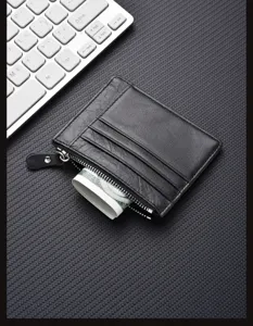 Black genuine leather card holder minimalist short wallet with multiple slots and coin zipper pocket