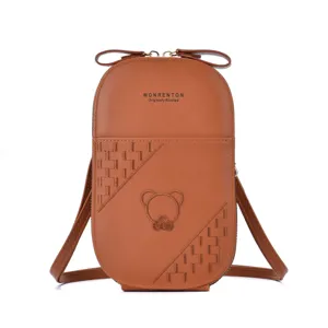Brown PU leather crossbody phone bag for women, cute bear embroidery shoulder handbag.