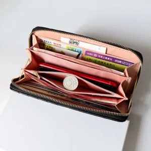 Women black long zipper wallet large capacity PU leather purse daily ladies clutch bag