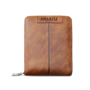 Men's retro short zipper wallet, brown PU leather fashion casual wallet for daily use.