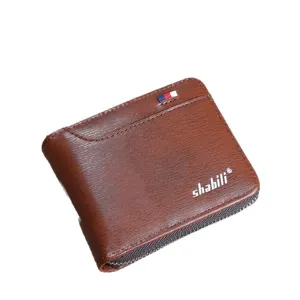 Men's vintage brown short wallet with zipper coin pocket and card slots, front view display.
