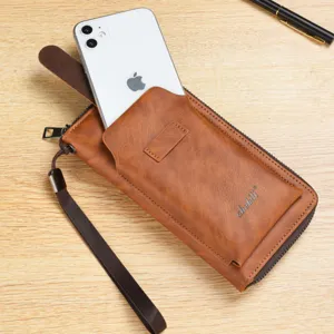 Men's Long Wallet PU Leather Zipper Clutch Bag Large Capacity Multi-Card Pocket Business Casual Purse With Wrist Strap