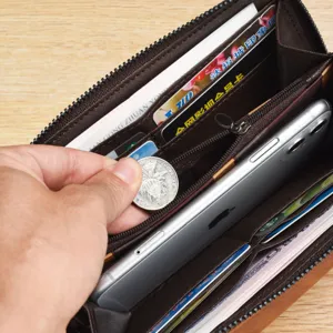 Men's long wallet with multiple card slots zipper closure large capacity PU leather brown