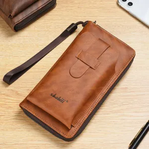 Mens long PU leather wallet zipper phone bag large capacity casual wrist strap purse