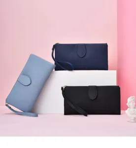 Classic solid color long women wallet with multiple card slots, zipper closure and wrist strap.