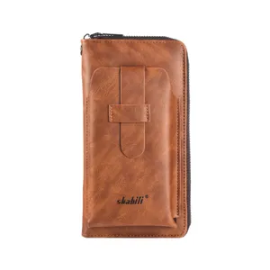 Men's long brown soft leather wallet with phone pocket and zipper closure, front view.