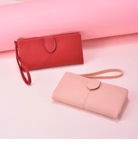 Women long wallet solid color zipper clutch purse multi-card slot wristlet hand bag pink red