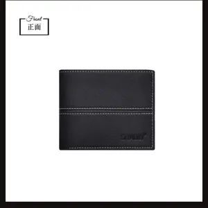 Close-up detail of the black leather men's wallet showing fine white stitching and embossing.