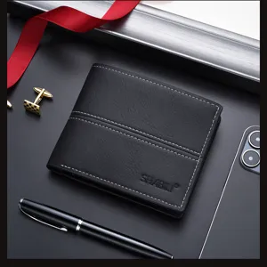Sleek black men's short leather wallet featuring contrast stitching, slim bifold card holder.