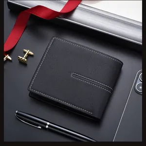 Men's black short PU leather wallet with classic white stitching, sleek and stylish design.