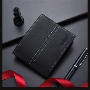 Men's minimalist short black leather wallet detail, business style with white stitching.