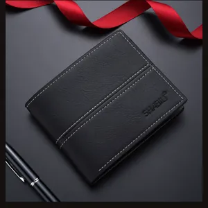 Men black leather wallet detail, stylish soft business short purse with white stitching.