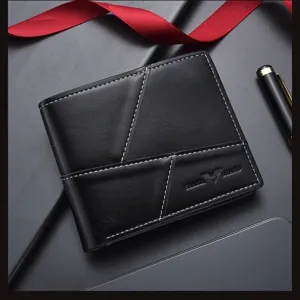 Men short leather wallet black oil wax business card holder stylish stitched folding purse design