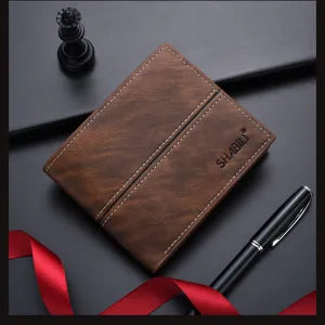Detailed close-up of men's short business wallet, soft leather texture with neat white stitching.