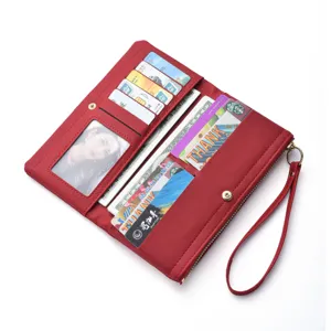 Red long wallet for women, PU leather zip-around purse with multiple card slots and wrist strap