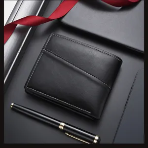 Men's short leather wallet detailed view, classic black business card holder with clean stitching.