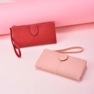 Women's long wallet clutch purse with wrist strap solid color large capacity design