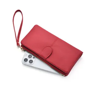 Stylish red long wallet for women, large capacity multi-card zip clutch purse with strap.