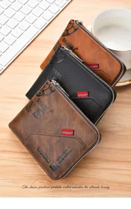 Detailed close-up of retro men's short zip wallet with multiple card slots and durable design.