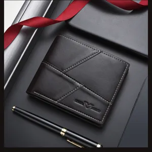 Men's short leather wallet business style dark brown retro wallet with card slots and durable stitching.