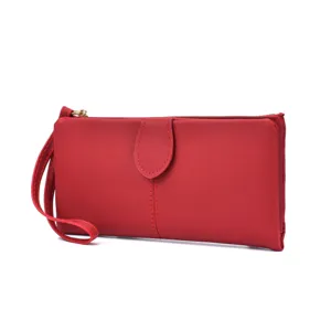 Red womens long wallet clutch purse with wrist strap and zipper main product view.