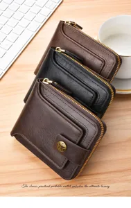Detail shot of stacked retro men's short leather wallets with zipper and snap button.