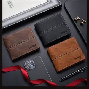 Detail view of men's short soft leather wallet in multiple colors with elegant props display.