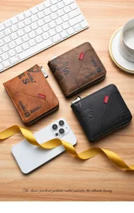 Detailed view of retro PU leather short wallets with zipper closure, cards slots, and stylish design.