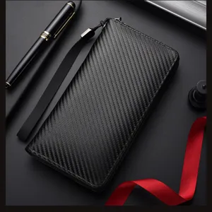 Portefeuille long homme en fibre de carbone grande capacité pochette zippée avec lanière