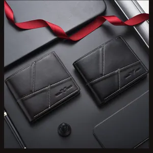 Detail view of black men leather short wallet with patchwork design, stylish card holder.