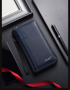 Portafoglio lungo uomo con cerniera motivo litchi retro borsa pochette business con cinturino