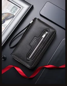 Herren lange Leder Geldbörse Clutch Tasche mit Handschlaufe und Reißverschluss Detail.