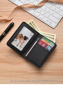 Tarjetero de cuero PU negro para hombre, cartera delgada minimalista con ranuras y ventana ID.