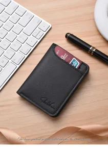 Tarjetero compacto de cuero PU negro, billetera vertical delgada para hombre detalle.