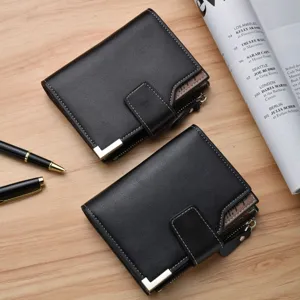 Men short wallet detail view featuring multi card slots, metal buckle and black leather texture.