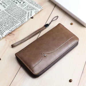 Men's long brown leather wallet with wrist strap, multifunctional business clutch bag for daily use.