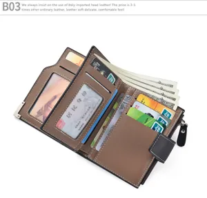 Men's short leather wallet with multiple card slots, vertical trifold design, and secure buckle.