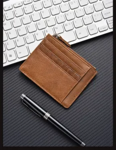 Premium brown leather card holder with zipper pocket, minimalist slim wallet for daily use.
